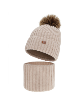 Ensemble d'hiver pour fille Lucerne – Bonnet à pompon et tour de cou – Beige