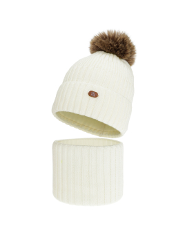 Ensemble d'hiver pour fille Lucerne – Bonnet à pompon et tour de cou – Écru