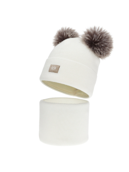 Ensemble d'hiver pour fille Korina – Bonnet à deux pompons et tour de cou – Écru