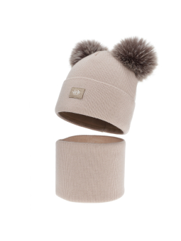 Ensemble d'hiver pour fille Korina – Bonnet à deux pompons et tour de cou – Beige