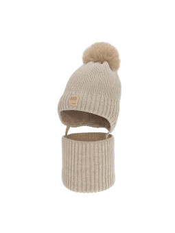 Ensemble d'hiver pour fille Auroria – Bonnet à oreillettes, pompon et tour de cou – Beige