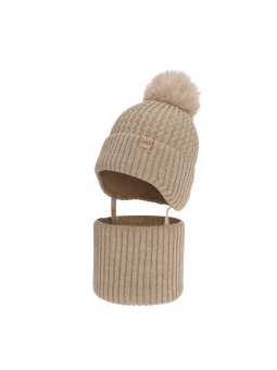 Ensemble d'hiver pour fille Felima – Bonnet à oreillettes, pompon et tour de cou – Marron