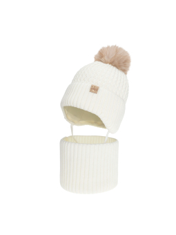 Ensemble d'hiver pour fille Felima – Bonnet à oreillettes, pompon et tour de cou – Écru