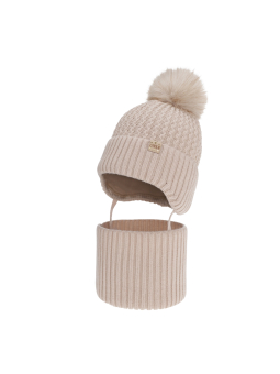 Ensemble d'hiver pour fille Felima – Bonnet à oreillettes, pompon et tour de cou – Beige