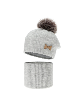 Mädchen Winterset Genua – Baskenmütze mit Bommel und Schlauchschal – Grau