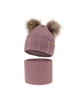 Ensemble d'hiver pour fille Sierra – Bonnet à deux pompons et tour de cou – Rose