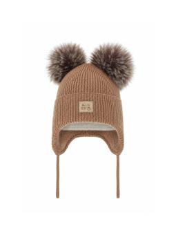 Jungen Wintermütze Tambor aus Merinowolle mit Ohrenklappen und zwei Bommeln – Braun