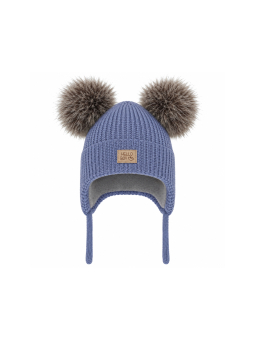 Jungen Wintermütze Tambor aus Merinowolle mit Ohrenklappen und zwei Bommeln – Blau