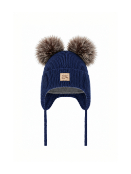 Jungen Wintermütze Tambor aus Merinowolle mit Ohrenklappen und zwei Bommeln – Dark blue