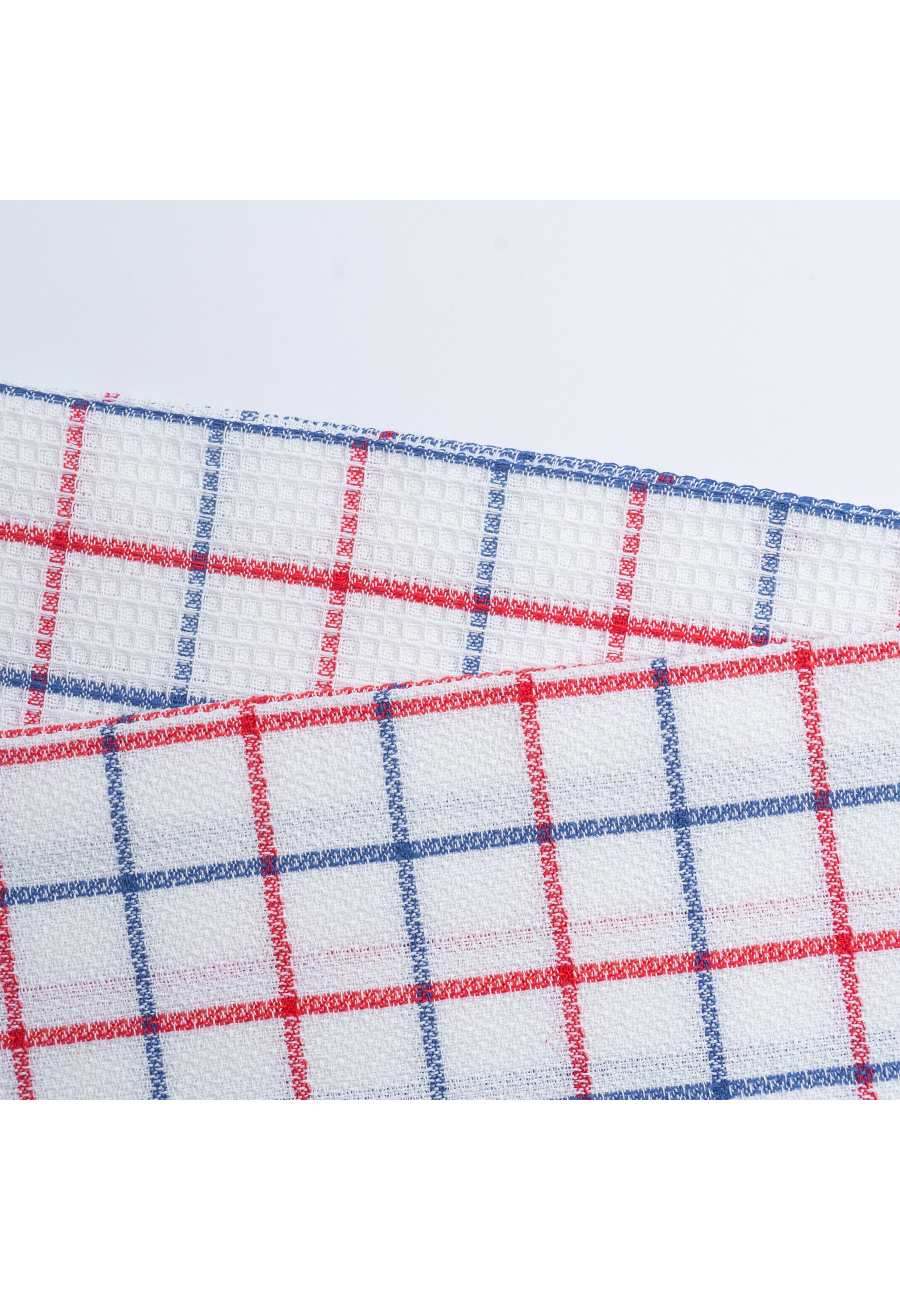 Set of 10 Premium Tea Towels, 100% Fine Cotton, 50x70 cm, Blue & Red Checkered, 185 gr/m2, Extra Thick