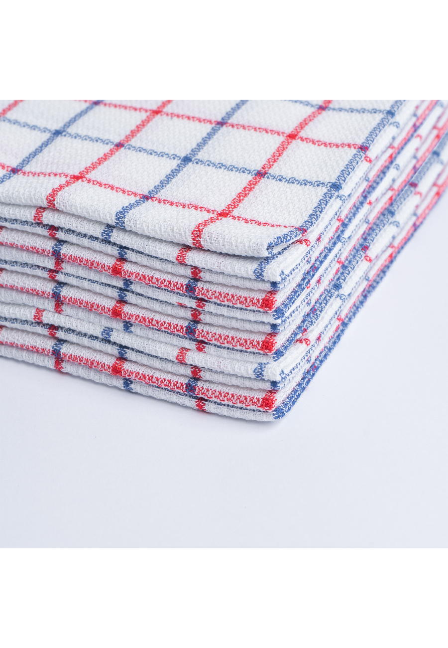 Set of 10 Premium Tea Towels, 100% Fine Cotton, 50x70 cm, Blue & Red Checkered, 185 gr/m2, Extra Thick